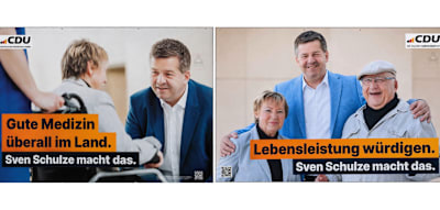 Pl&ouml;tzlich steht die Rollstuhlfahrerin wieder&nbsp;&ndash; Schulzes Wahlplakate ernten Spott